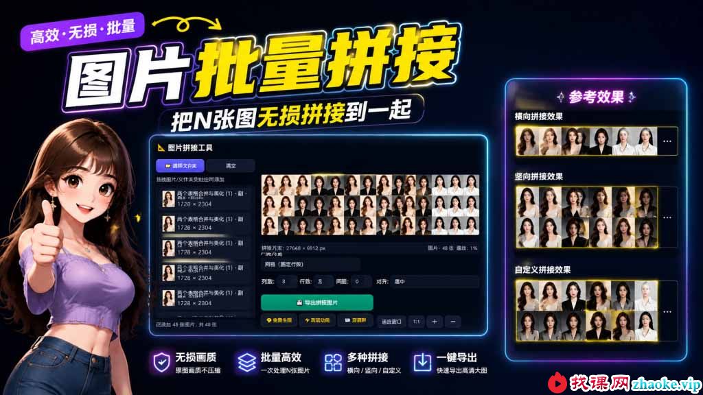 （20005期）图片批量拼接，把N张图无损拼接到一起，支持横向、竖向、自定义等功能