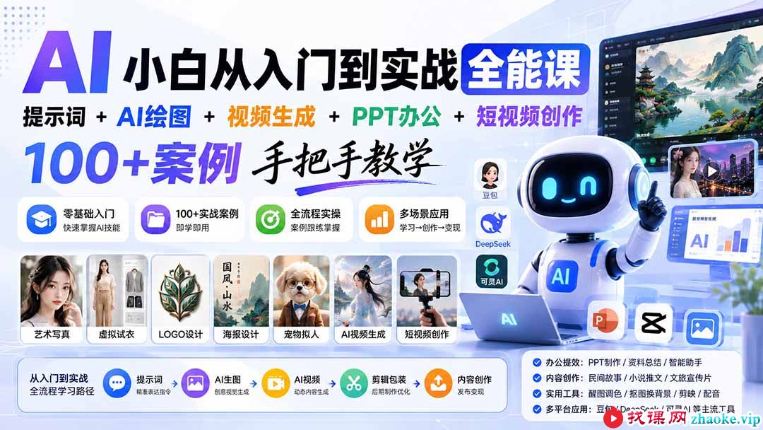 （20018期）AI小白从入门到实战全能课：提示词+AI绘图+视频生成+PPT办公+短视频创作，100+案例手把手教学