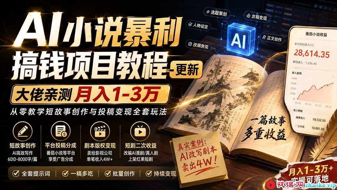 （20044期）AI小说暴利搞钱项目教程-更新，大佬亲测月入1-3万，从零教学短故事创作与投稿变现全套玩法