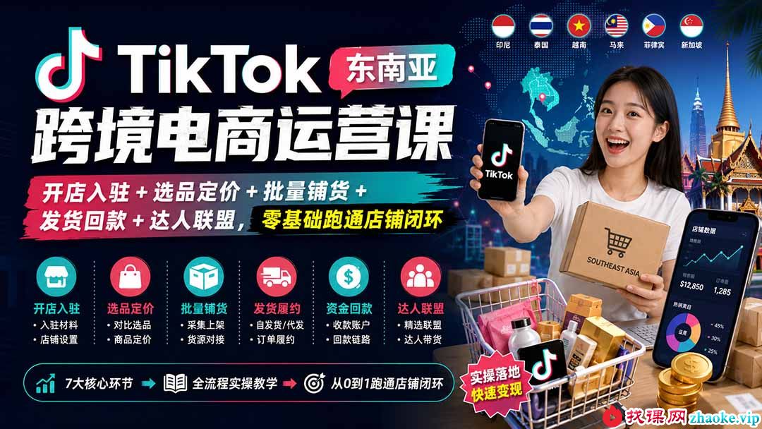 （20059期）TikTok东南亚跨境电商运营课：开店入驻+选品定价+批量铺货+发货回款+达人联盟，零基础跑通店铺闭环