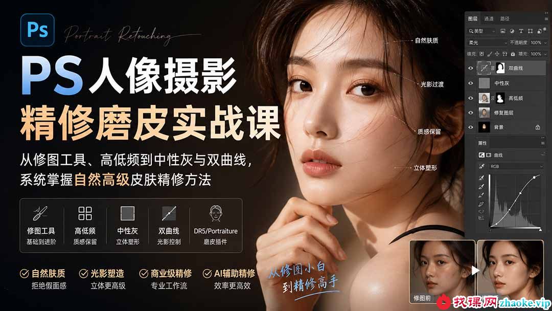 （20061期）PS人像摄影精修磨皮实战课：从修图工具、高低频到中性灰与双曲线，系统掌握自然高级皮肤精修方法