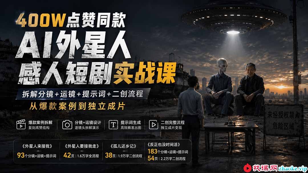 （20052期）400W点赞同款AI外星人感人短剧实战课：拆解分镜+运镜+提示词+二创流程，从爆款案例到独立成片