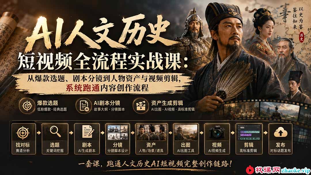 （20074期）AI人文历史短视频全流程实战课：从爆款选题、剧本分镜到人物资产与视频剪辑，系统跑通内容创作流程
