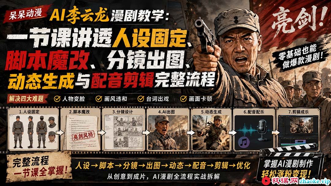 （20107期）呆呆动漫AI李云龙漫剧教学：一节课讲透人设固定、脚本魔改、分镜出图、动态生成与配音剪辑完整流程