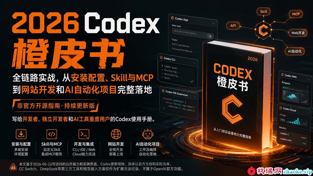 （20105期）2026Codex橙皮书：全链路实战，从安装配置、Skill与MCP到网站开发和AI自动化项目完整落地