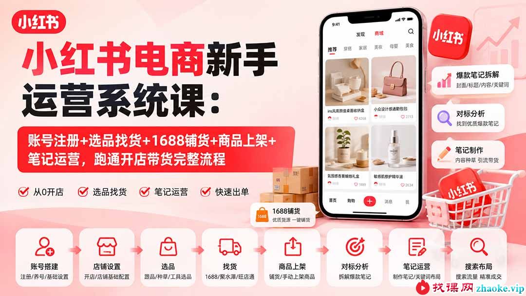 （20219期）小红书电商新手运营系统课：账号注册+选品找货+1688铺货+商品上架+笔记运营，跑通开店带货完整流程