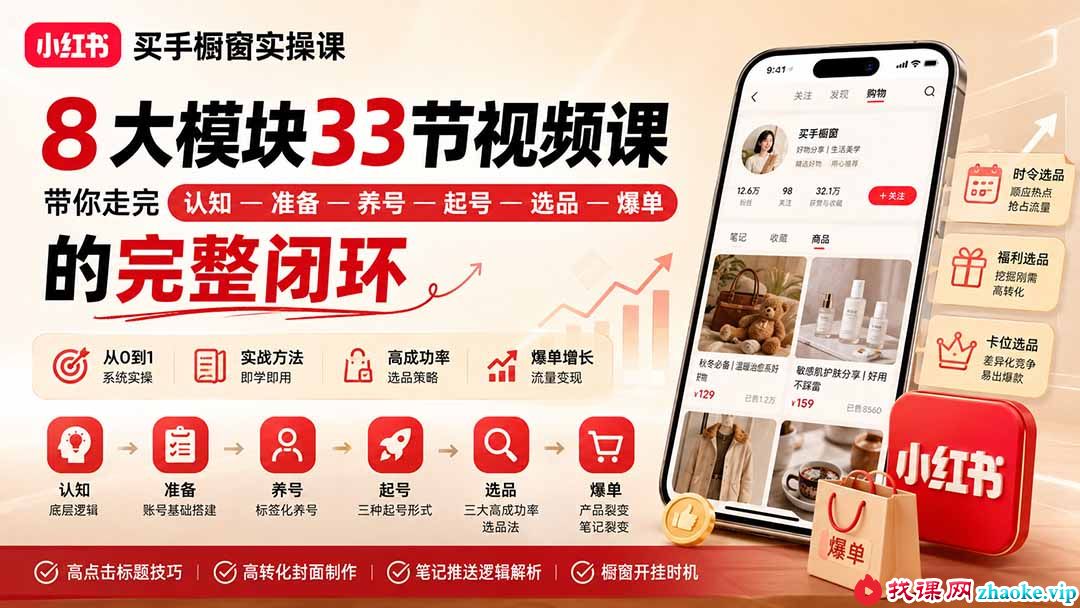 （20217期）小红书买手橱窗实操课：8大模块33节视频课，带你走完”认知—准备—养号—起号—选品—爆单”的完整闭环