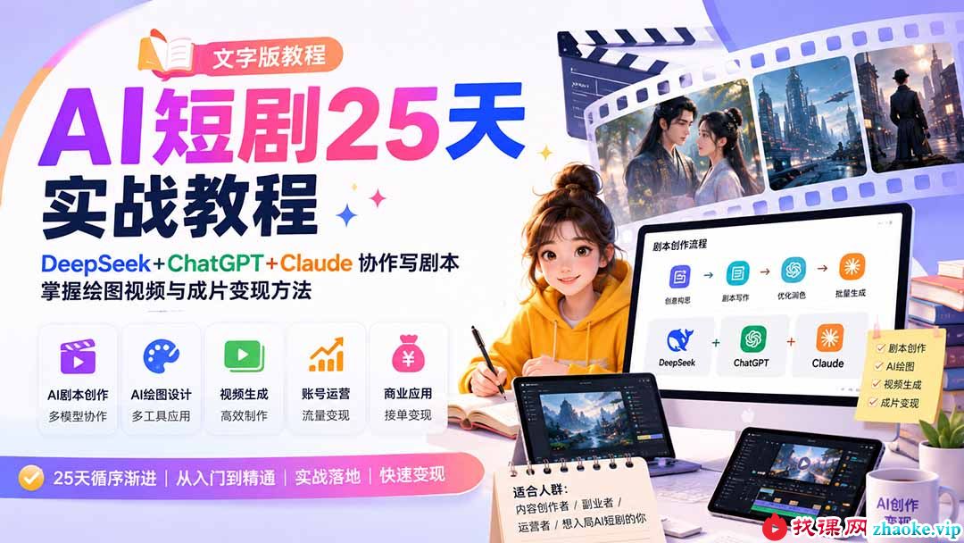 （20225期）AI短剧25天实战教程（文字版教程）：DeepSeek+ChatGPT+Claude协作写剧本，掌握绘图视频与成