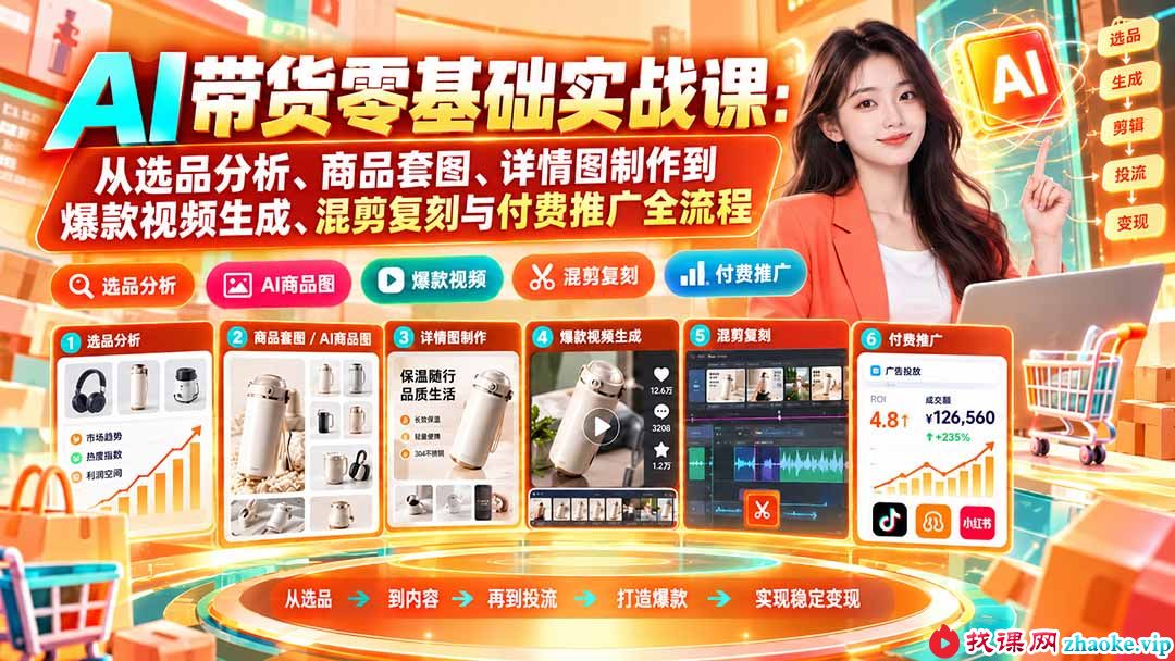 （20856期）AI带货零基础实战课：从选品分析、商品套图、详情图制作到爆款视频生成、混剪复刻与付费推广全流程