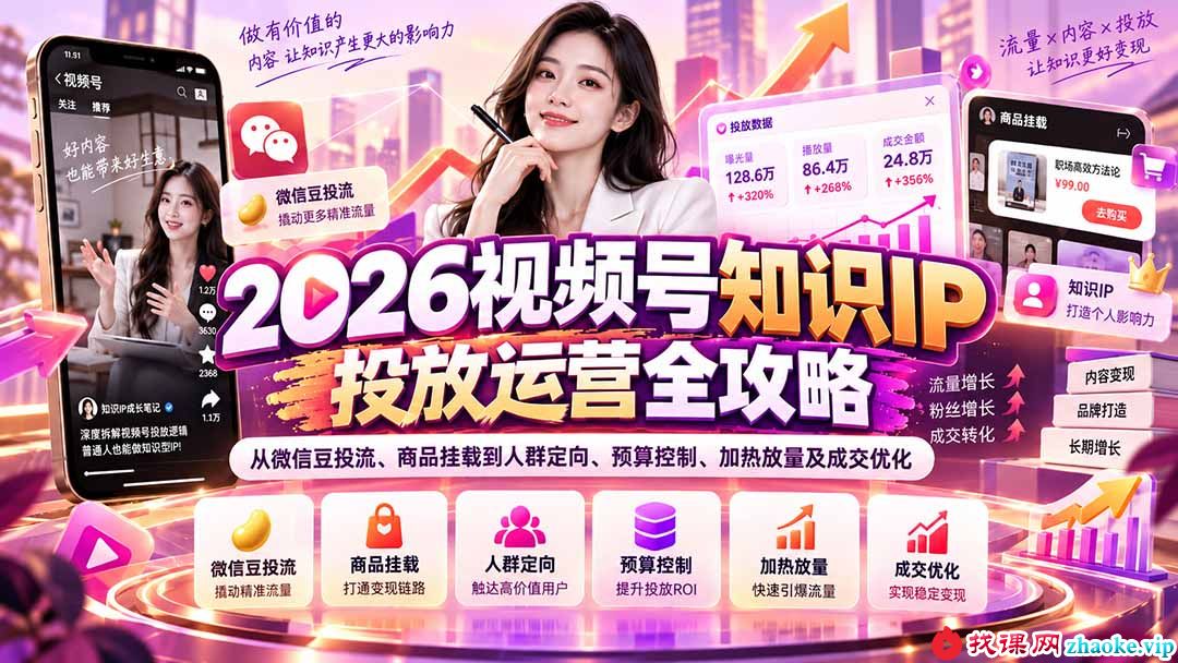 （20860期）2026视频号知识IP投放运营全攻略：从微信豆投流、商品挂载到人群定向、预算控制、加热放量及成交优化