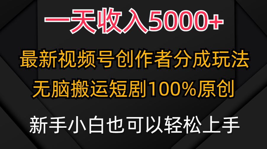 （9599期）一天收入5000+，视频号创作者分成计划，最新100%原创玩法，小白也可以轻...