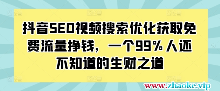 抖音SEO视频搜索优化获取免费流量挣钱，一个99%人还不知道的生财之道